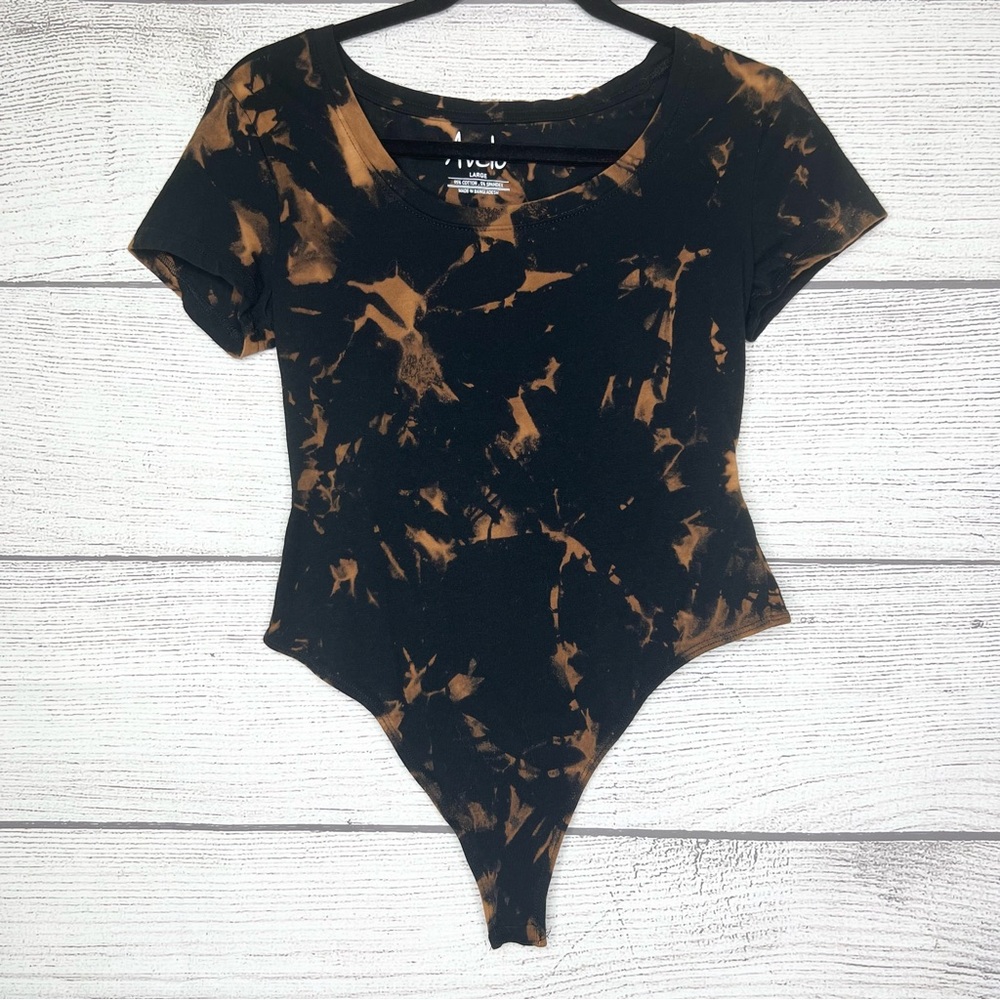 Hand Dyed Black Bleach Tie Dye Scoop Neck Short Sleeve Bodysuit Top Size Large